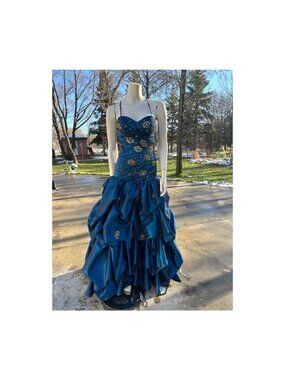 Bella Formals Satin Iridescent Blue Grad Dress Prom Fit & Flare Embellished Gold